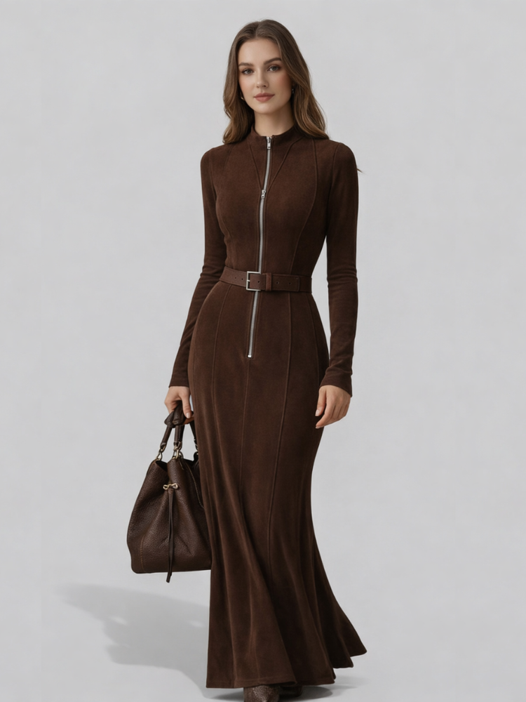 Almudena™ | Vestido Largo Marrón con Cinturón