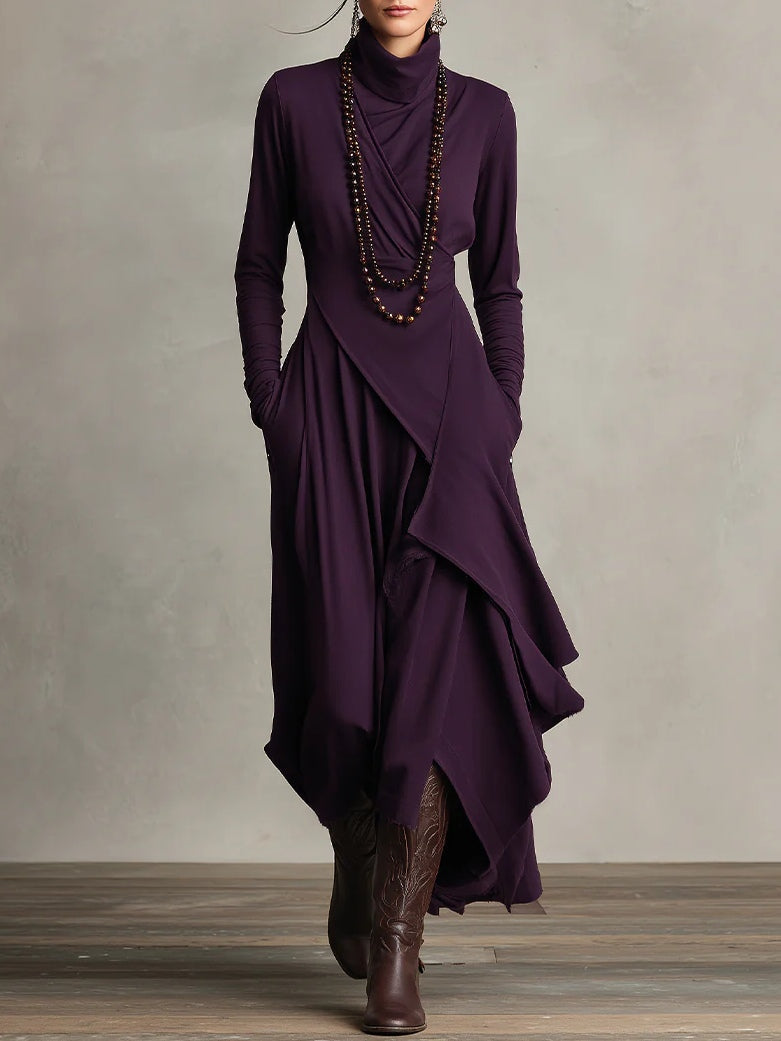 Aurelia™ | Vestido Largo Plisado Asimétrico con Cuello Alto