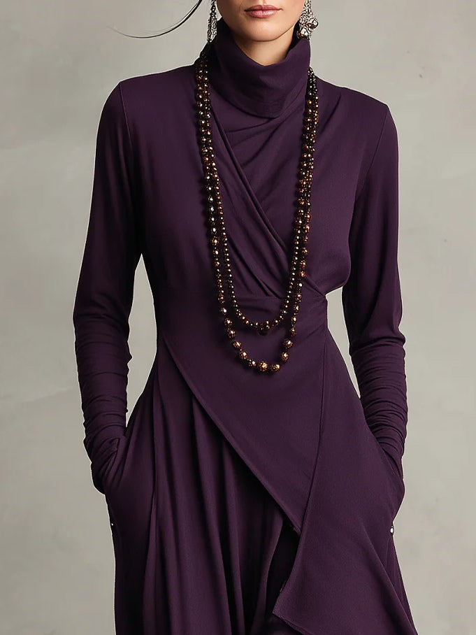 Aurelia™ | Vestido Largo Plisado Asimétrico con Cuello Alto