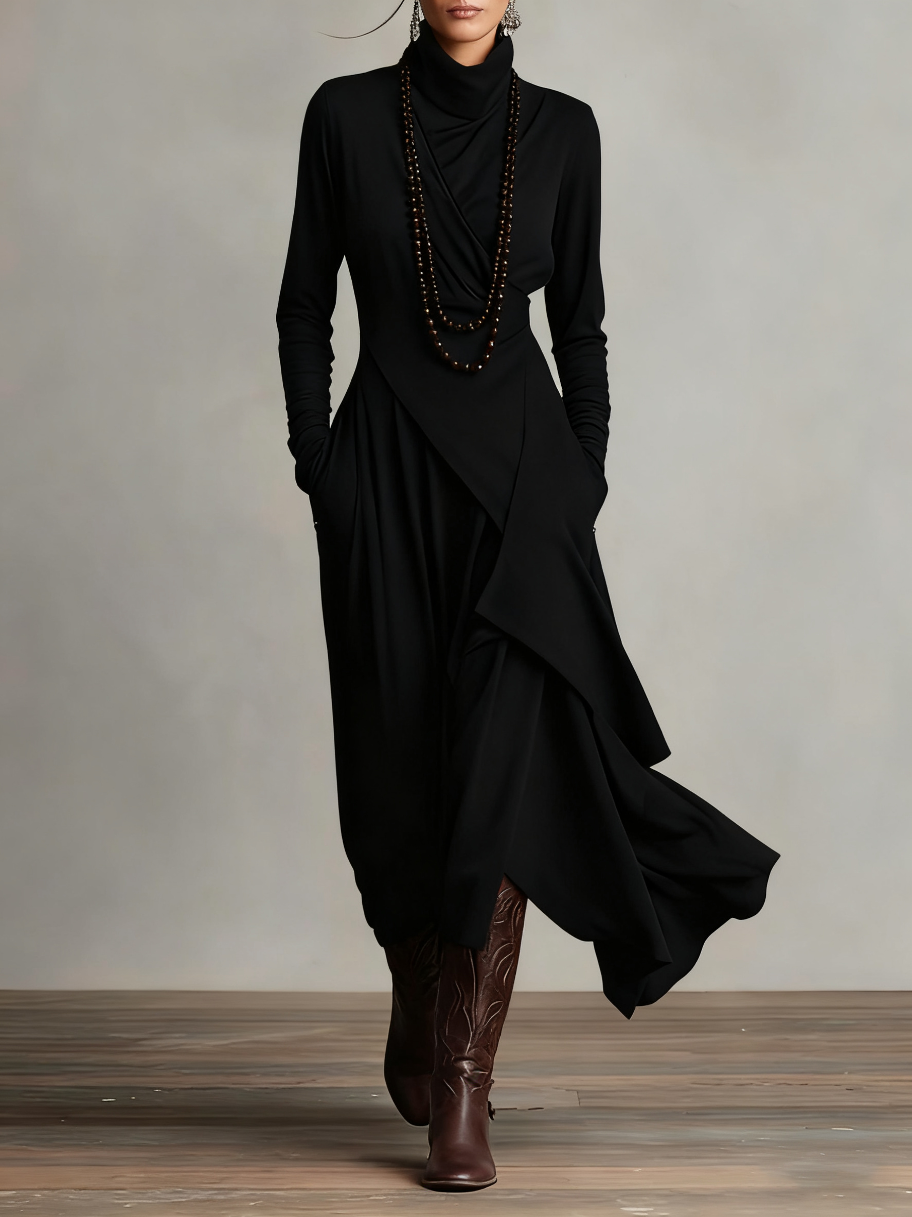 Aurelia™ | Vestido Largo Plisado Asimétrico con Cuello Alto