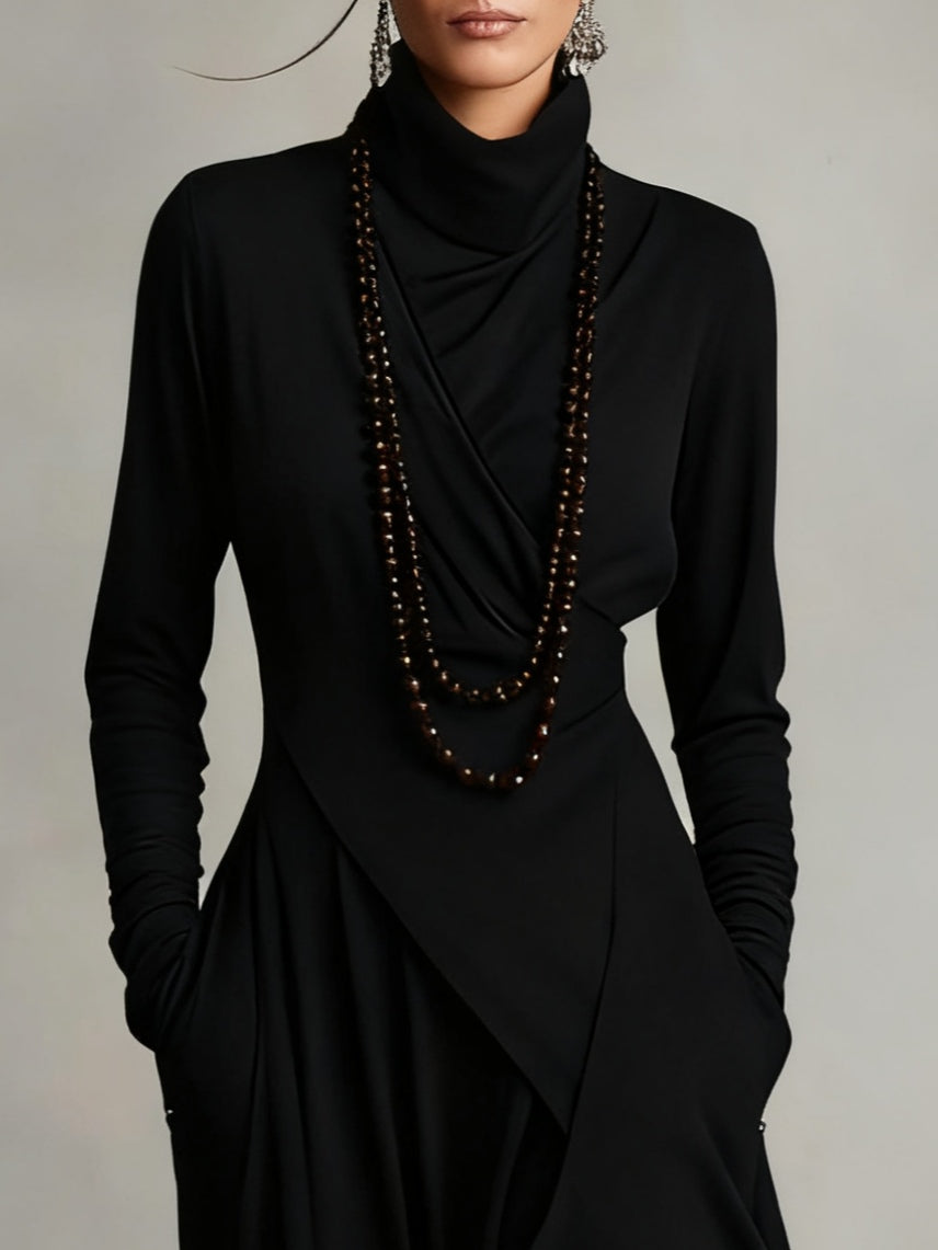 Aurelia™ | Vestido Largo Plisado Asimétrico con Cuello Alto