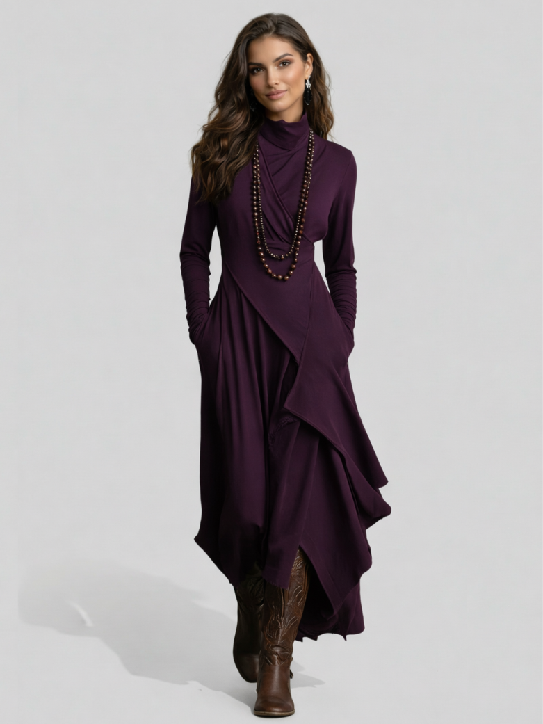 Aurelia™ | Vestido Largo Plisado Asimétrico con Cuello Alto